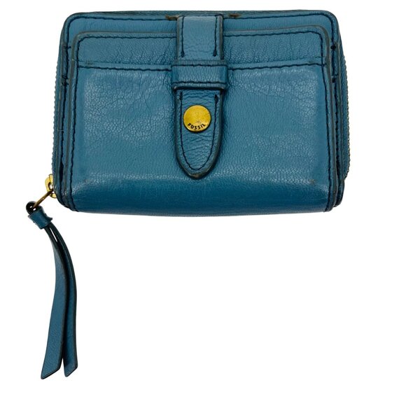 Fossil Teal Leather Compact Wallet With Snap Pocket & Zippered Closure - Picture 1 of 8